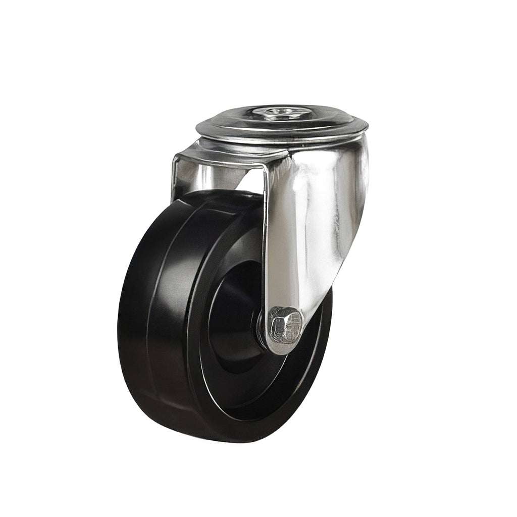 High temperature bolt hole castor with phenolic resin wheel, zinc-plated swivel design, supporting 150-200kg, heat resistant up to 220°C for industrial applications