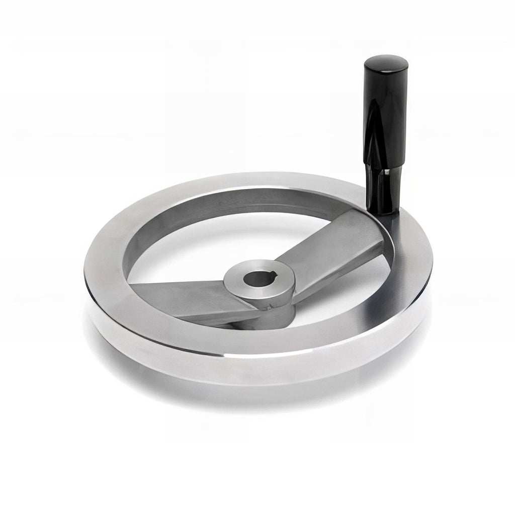 Spoked aluminium control handwheel with polished outer rim and revolving side handle for industrial machinery
