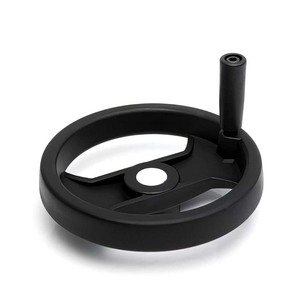 Spoked control handwheel with two spokes and folding revolving handle for ergonomic grip and compact storage