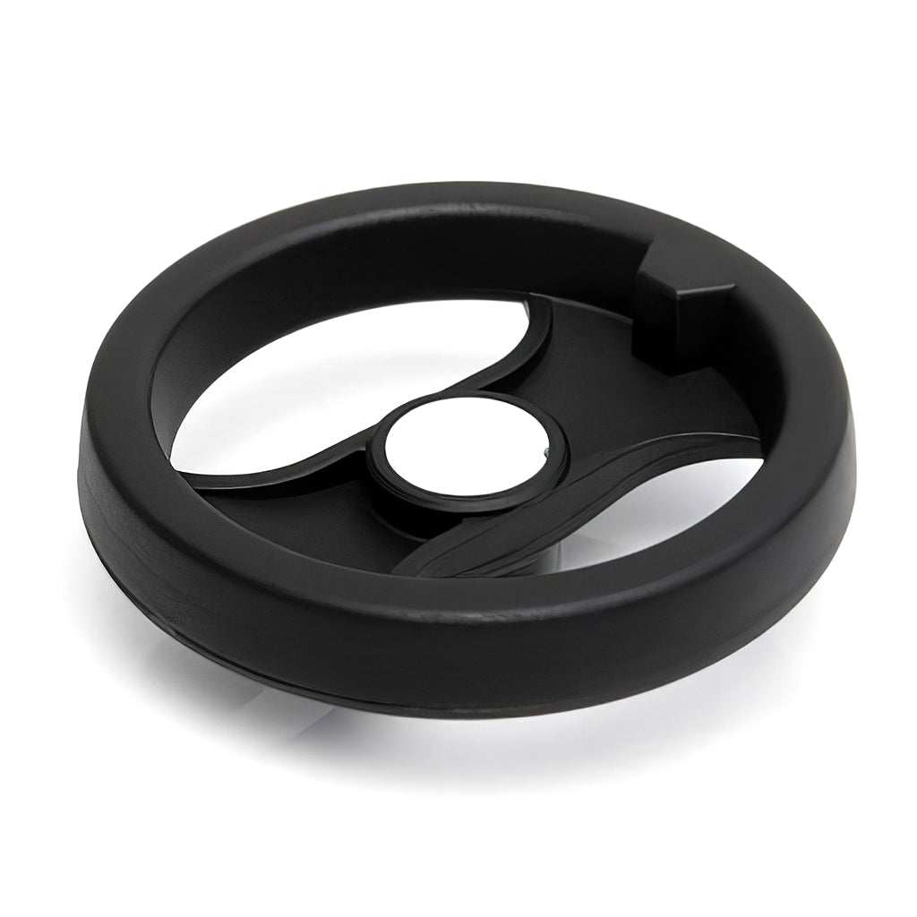 Close-up of a durable spoked control handwheel with thermoplastic wheel and zinc plated steel insert for precise machine tool adjustments