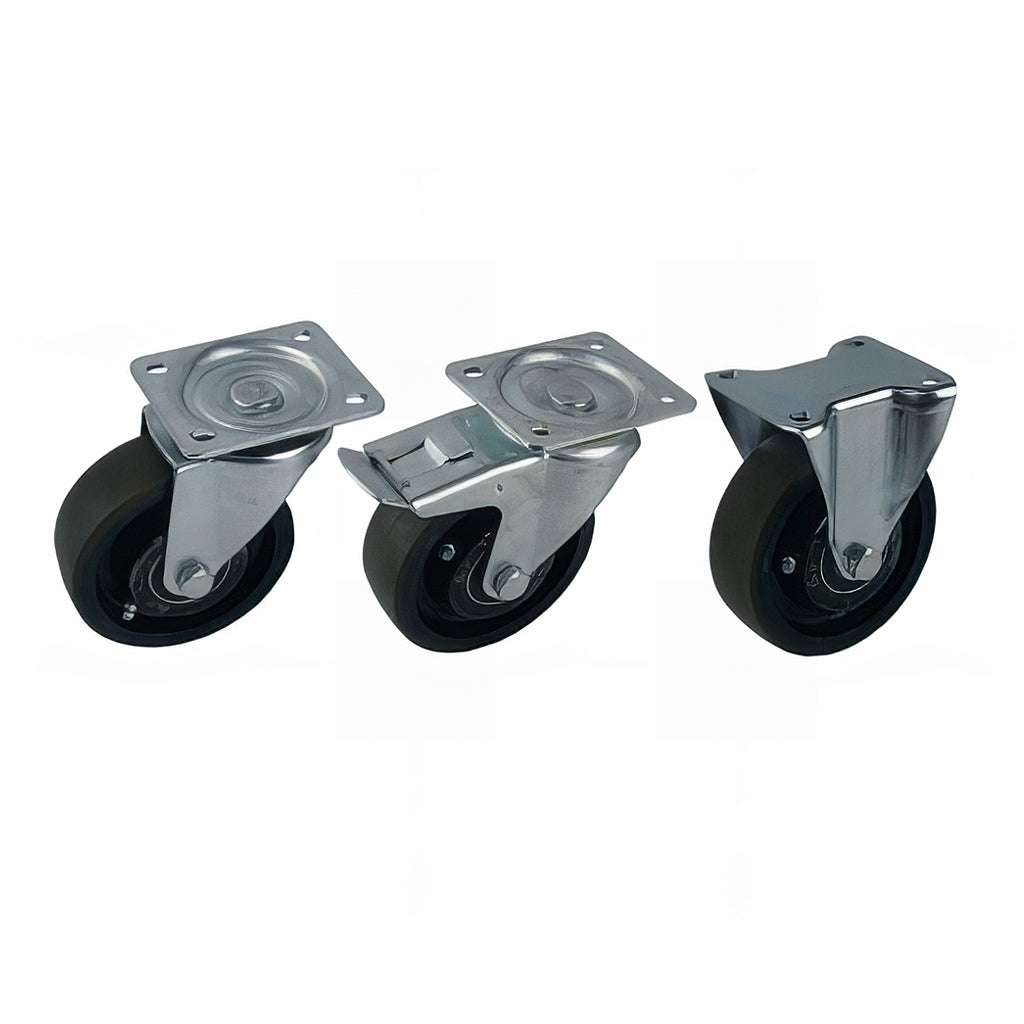 Medium duty plate mounted castor with brown polyurethane tyre and cast iron wheel, swivel and fixed options, 250-400kg capacity