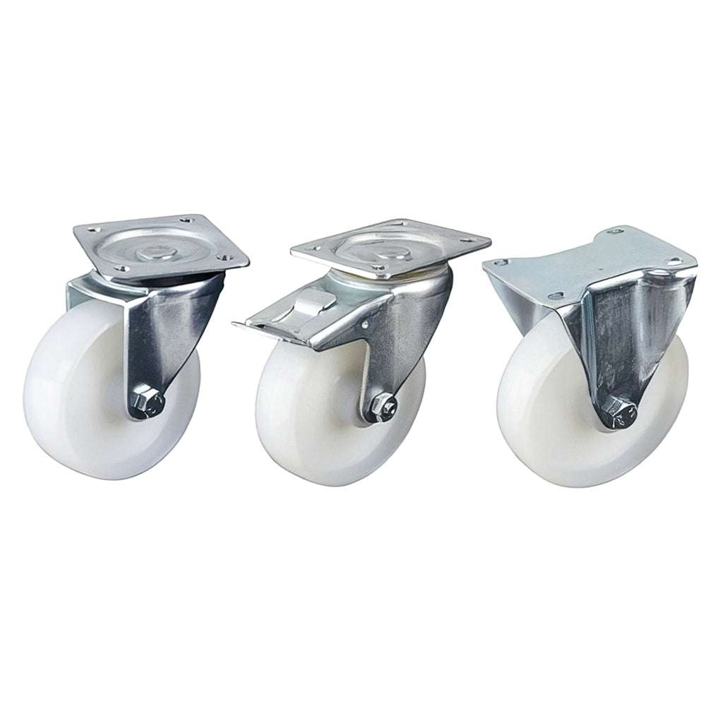 Medium duty plate mounted castor with white nylon wheel and steel plate fitting in swivel and fixed configurations