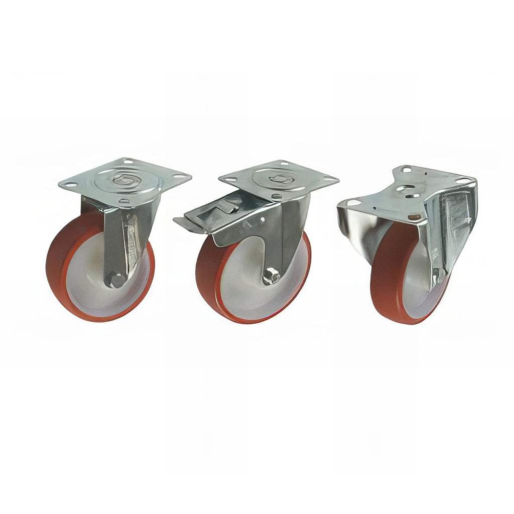 Medium plate mounted castor with red polyurethane tyre and white nylon wheel for 100-300kg load capacity