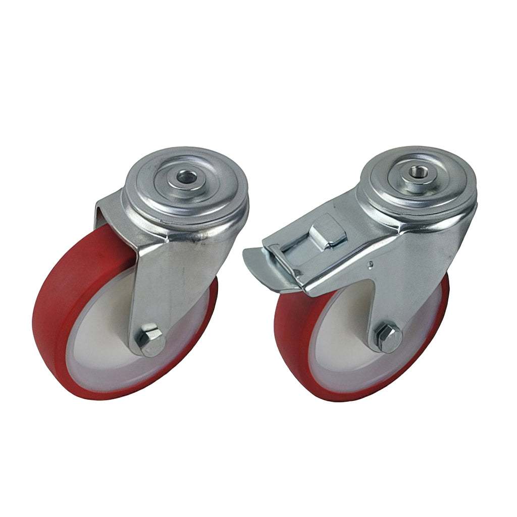 Medium duty single bolt hole castor with red polyurethane tyre and white nylon wheel, swivel and braked options, 210-500kg capacity