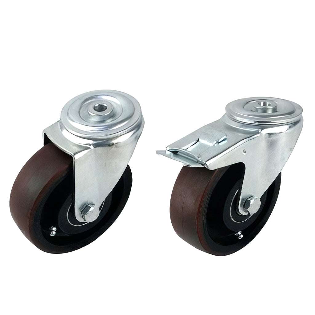 Medium duty single bolthole castor with brown polyurethane tyre and cast iron wheel 250-500kg capacity