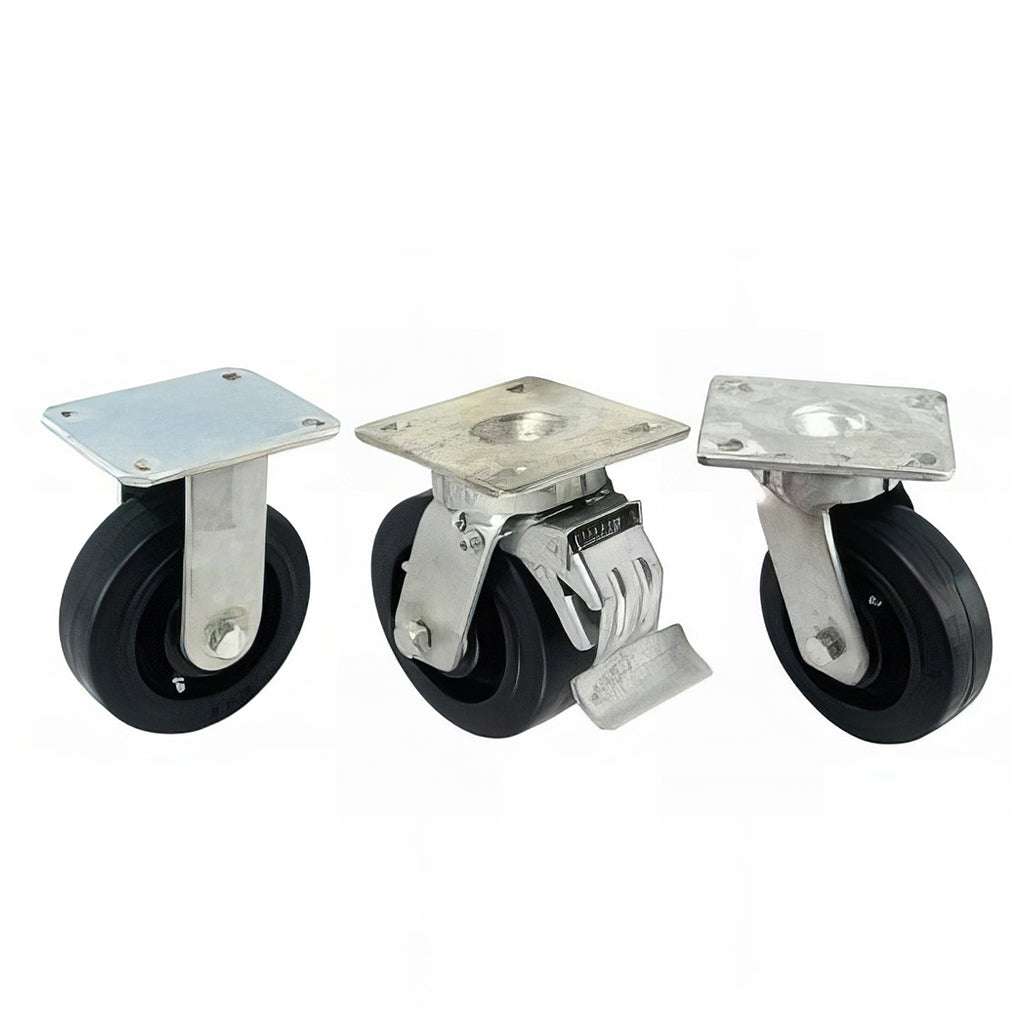 Heavy duty fabricated plate fitting castor with black rubber tyre and cast iron wheel, swivel and fixed types, 210-450kg capacity