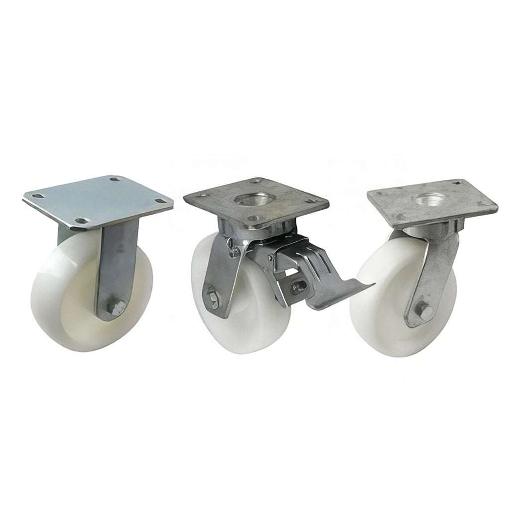 Heavy duty fabricated plate fitting castor with nylon wheel and zinc plated fork