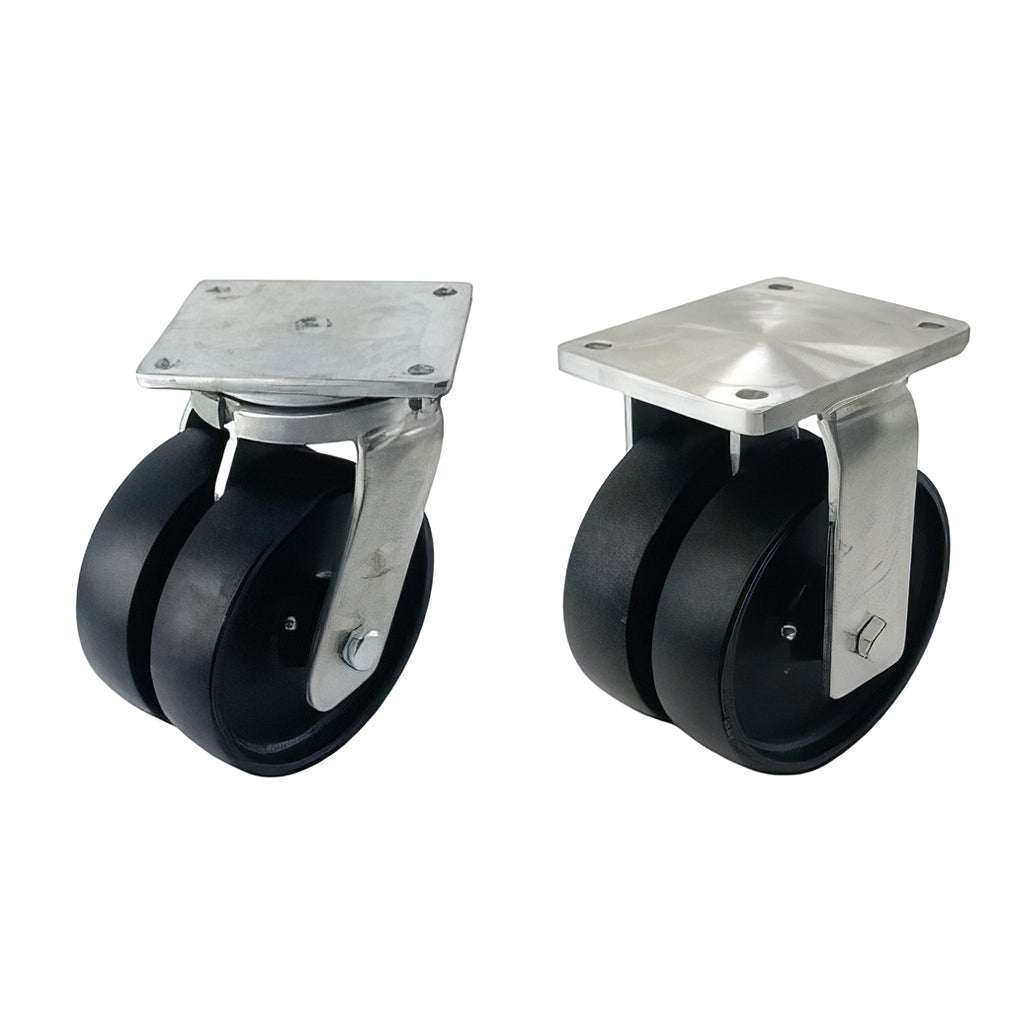 Heavy duty plate mounted twin wheel castor with cast iron wheels and sealed swivel head bearings