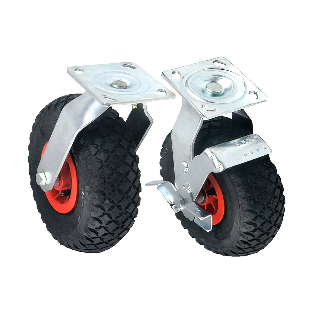 Medium plate mounted castor with pneumatic tyre and plastic wheel, zinc plated steel frame, swivel and fixed options, side brake available