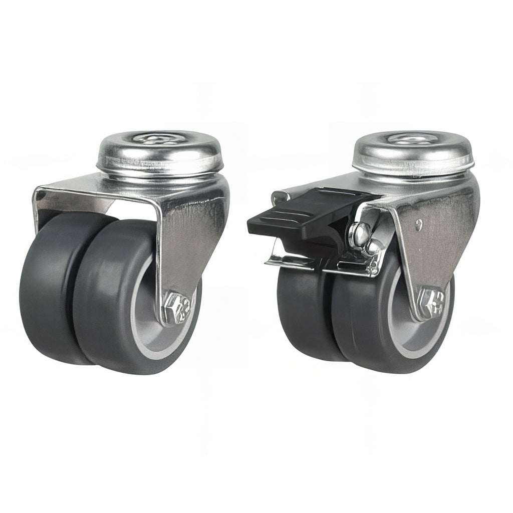 Light duty twin wheel single bolt hole castor with synthetic non-marking rubber wheels and zinc-plated steel bracket, 60kg load rating