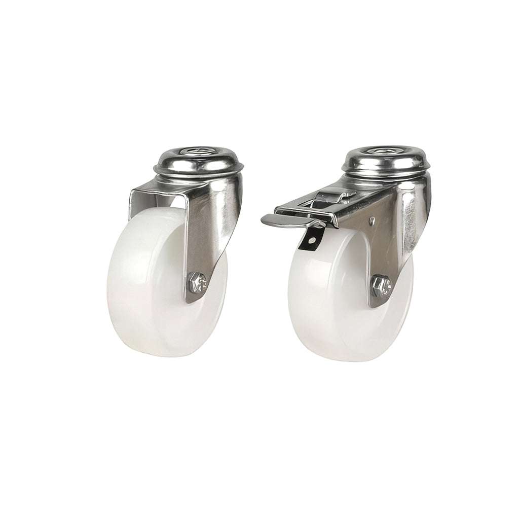 Light duty polypropylene bolt hole castors with pressed steel bracket and nylon wheels, 40-100kg load rating