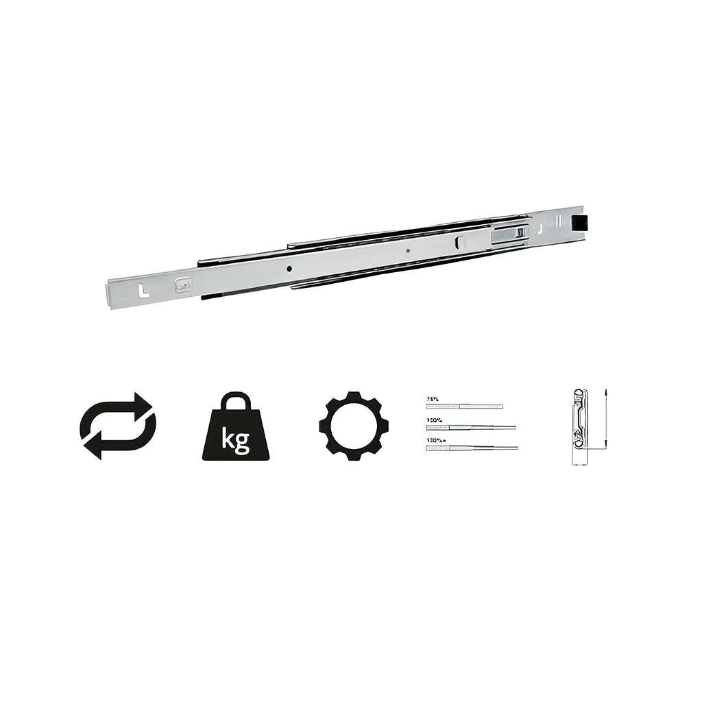 Medium duty telescopic drawer slides full extension 45kg capacity bright zinc plated steel pair side mounted