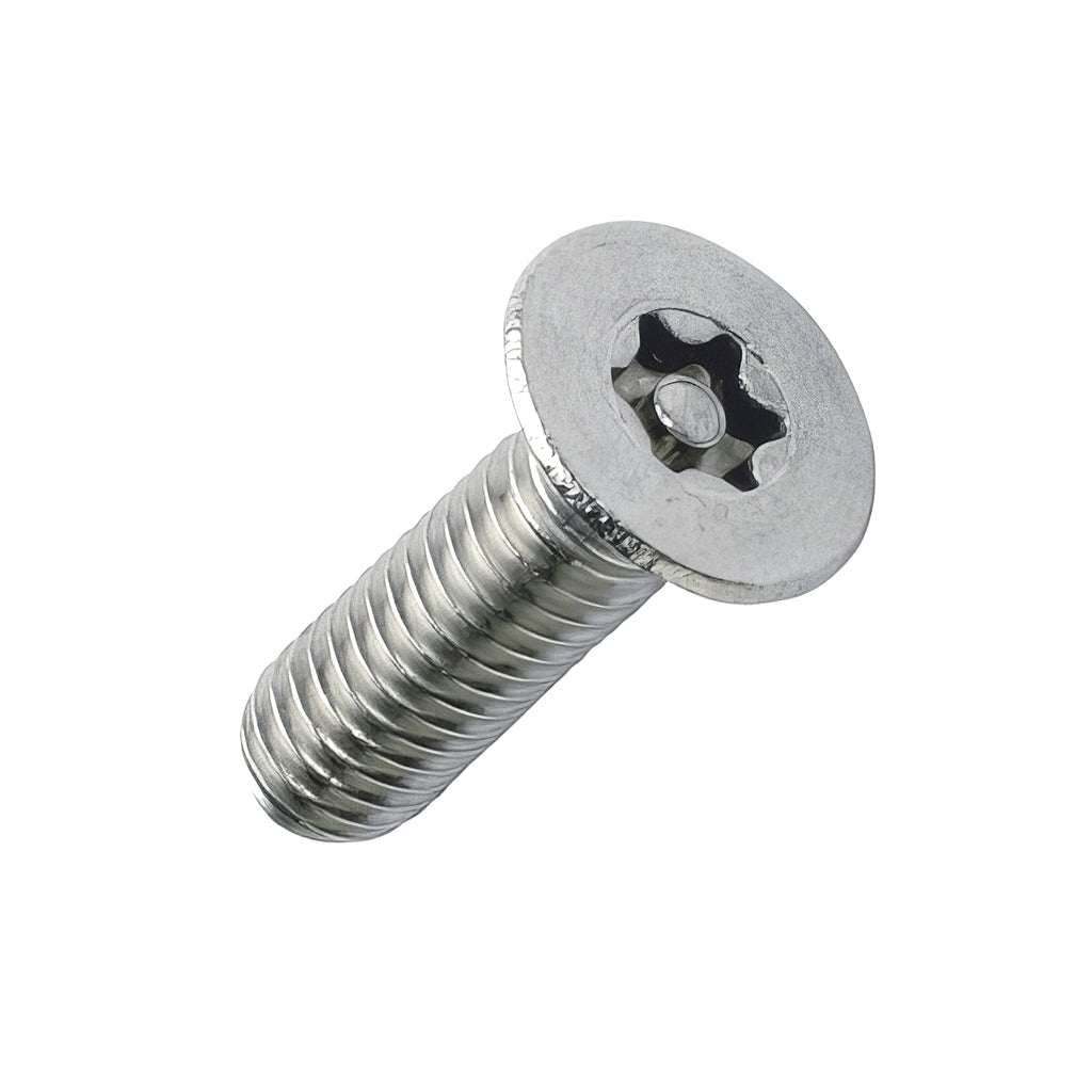 CSK 6 lobe pin drive stainless steel machine screw security fastener with tamper-resistant 6-lobe head and central pin.