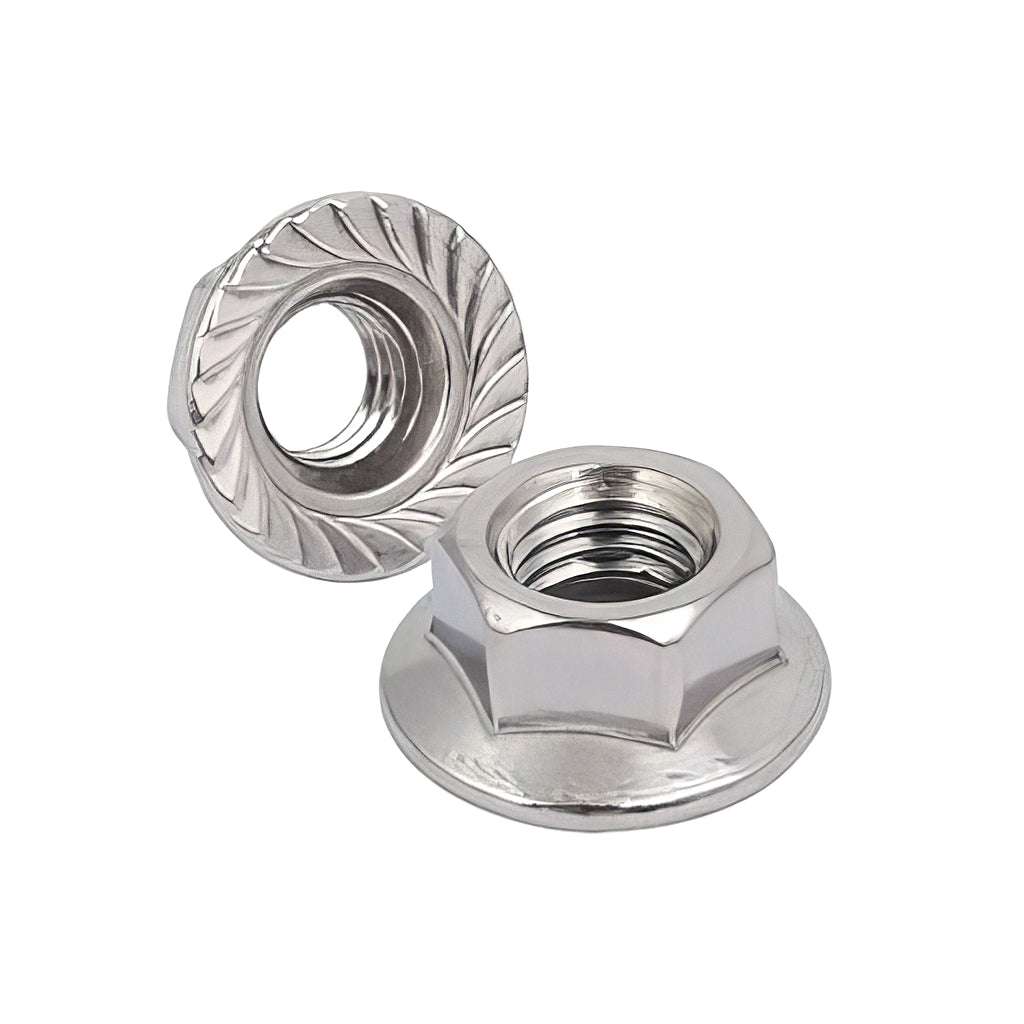BZP and stainless steel flange nuts with serrated face for enhanced grip and nylon flange nuts with plain face