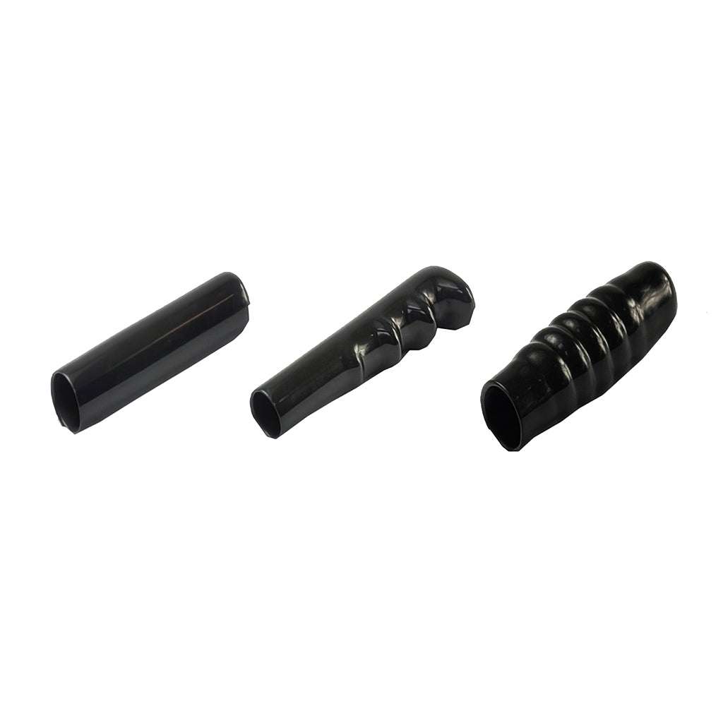 Black PVC hand grips in three styles: plain sleeve, finger grip, and bulbous, made with flexible PVC and dip moulding.