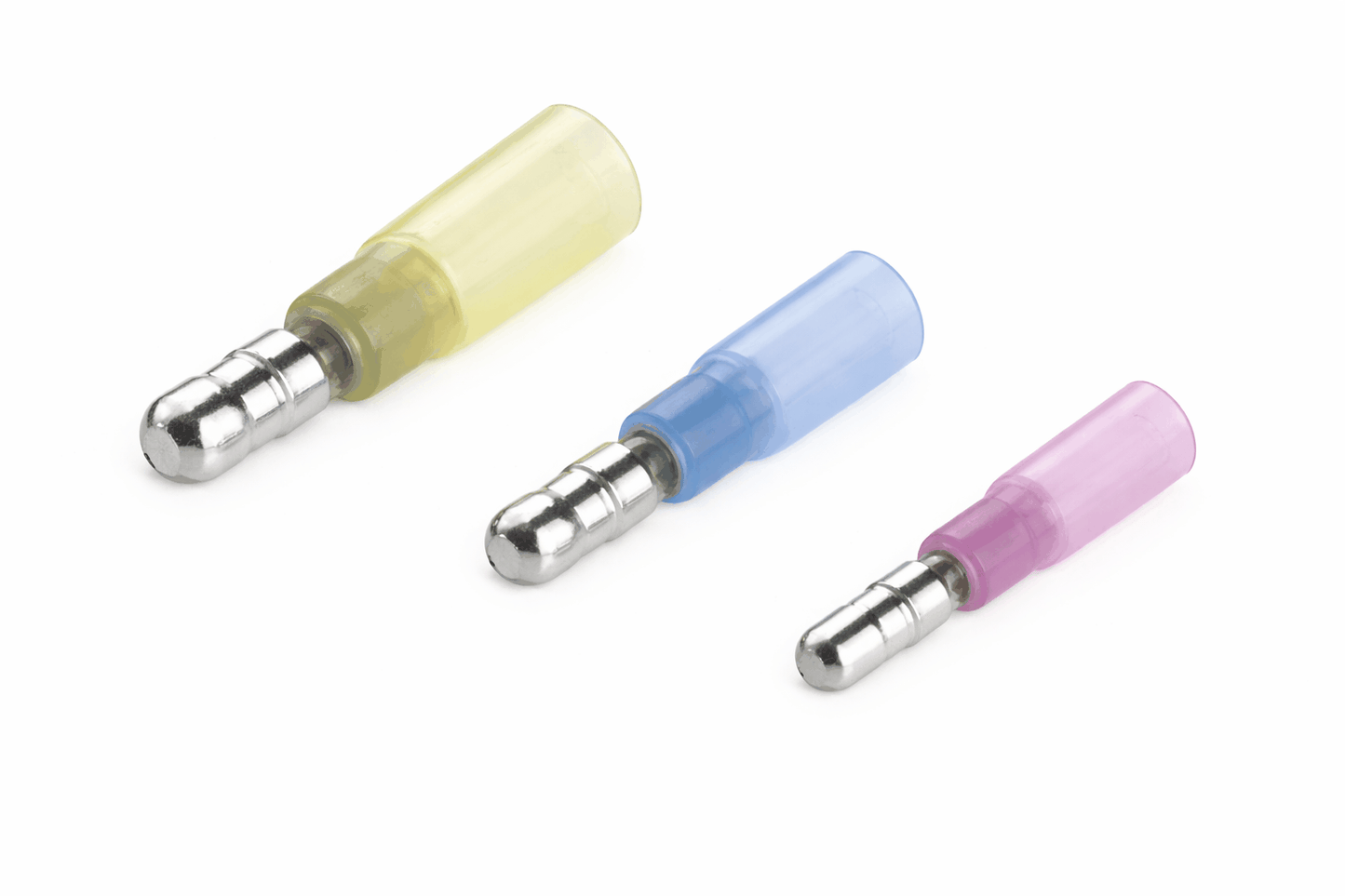 Heat shrink male bullet terminals with brass conductor, tin plating, and adhesive-lined insulation for waterproof electrical connections