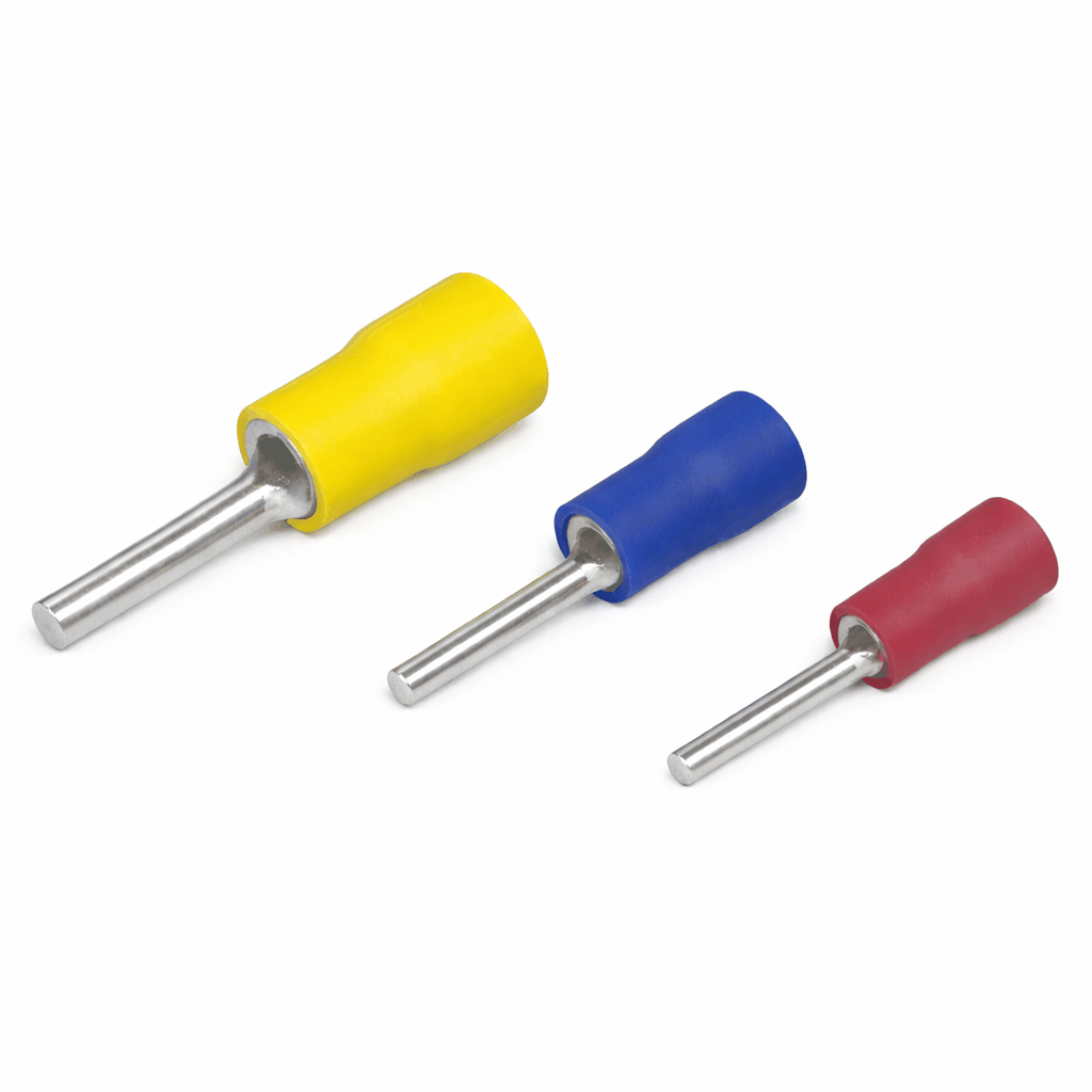 Close-up of insulated pin terminals with flared barrels for secure electrical wire termination