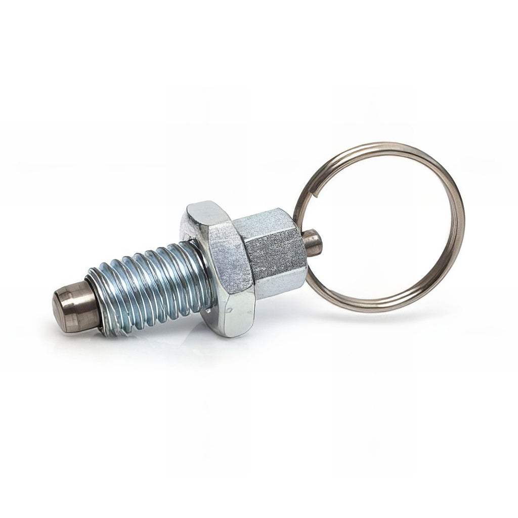 Spring loaded index plunger with stainless steel pin and ring pull in zinc plated housing