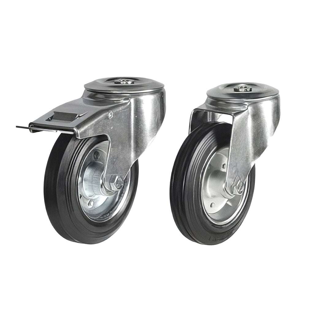Medium Duty Single Bolt Hole Castors with black rubber tyre and steel centre for smooth, quiet ride and up to 205kg load capacity