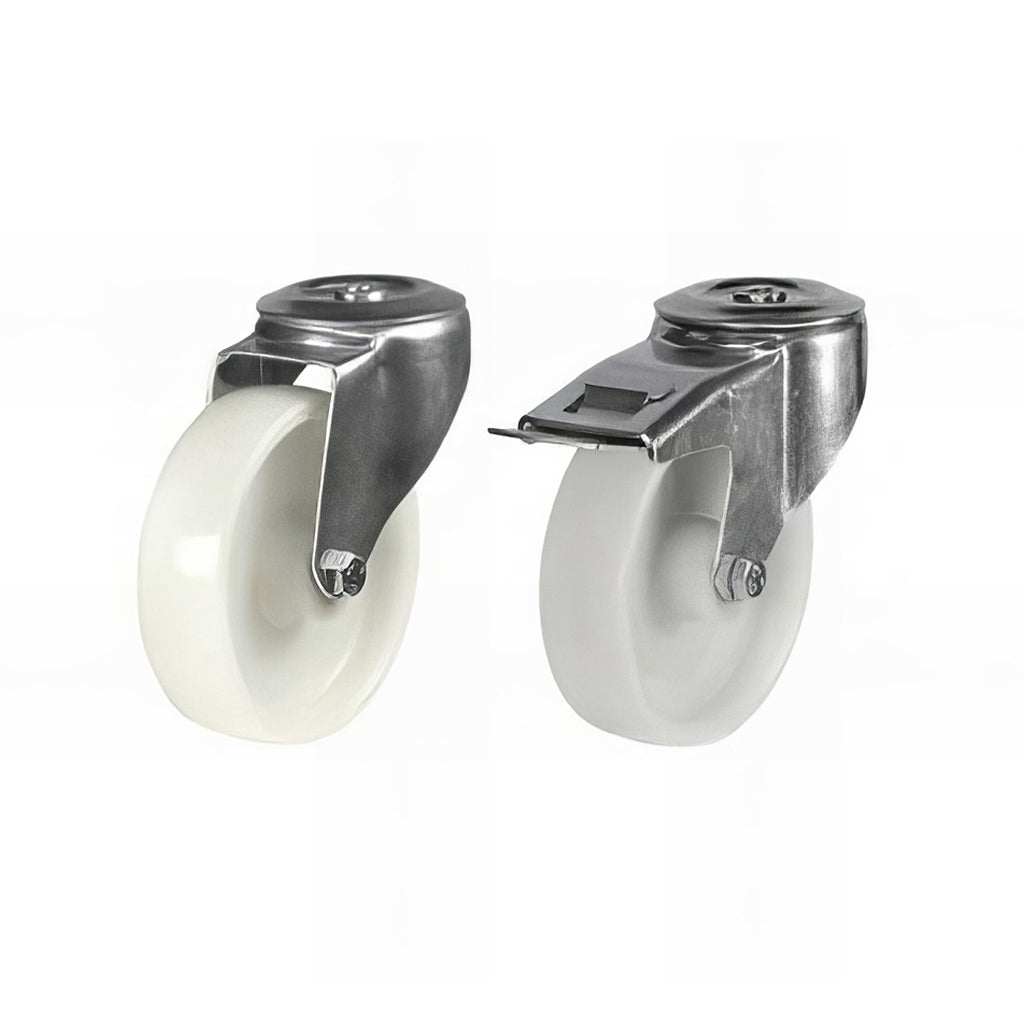 Medium duty single bolt hole polypropylene castors with 150-220KG load capacity and pressed steel bracket