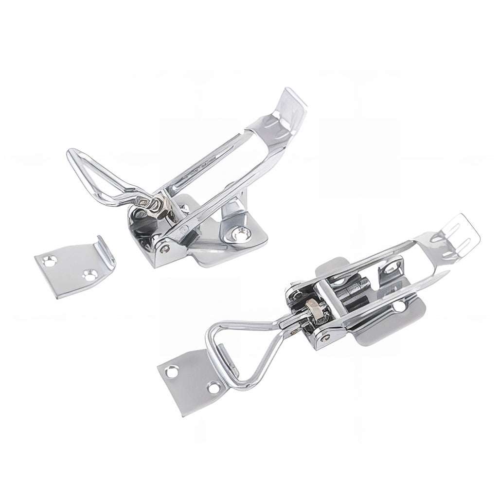 Stainless steel adjustable toggle latch with catch plate and padlock mount, polished and corrosion-resistant