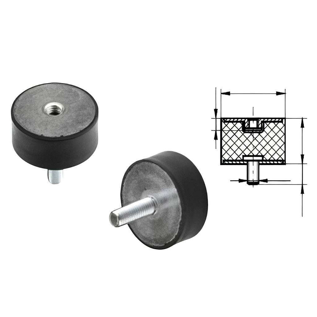Black rubber anti vibration mount with male and female threaded fittings shore hardness A55