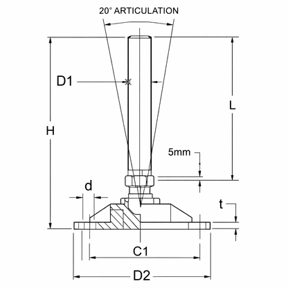 HEAVY DUTY TILTING/ NON ARTICULATING ADJUSTABLE FOOT C/W ZINC PLATED STEEL STEM/NYLON BASE