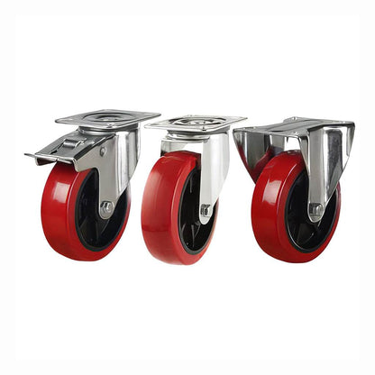 Medium duty plate mounted castors with red polyurethane tyre and roller bearing wheel center
