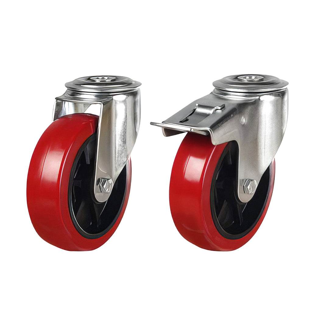 Medium duty single bolt hole castor with red polyurethane tyre and plastic centre, zinc-plated steel, 200-260kg capacity