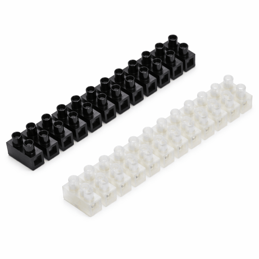 12 way electrical connector strip block with brass inserts and galvanised steel screws for secure wire connections