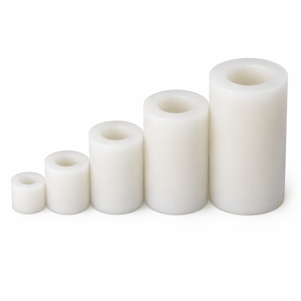 Metric Nylon Spacers in natural color, various sizes M2.5 to M10, pack of 1000, nylon 6, RoHS compliant, insulation and standoff use
