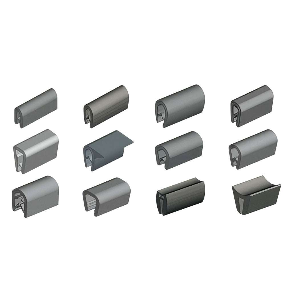 Self gripping gasket gripping panel edge protection strip with spring steel core for concealing sharp edges and gaps on doors and panels.