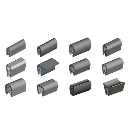 Self gripping gasket gripping panel edge protection strip with spring steel core for concealing sharp edges and gaps on doors and panels.