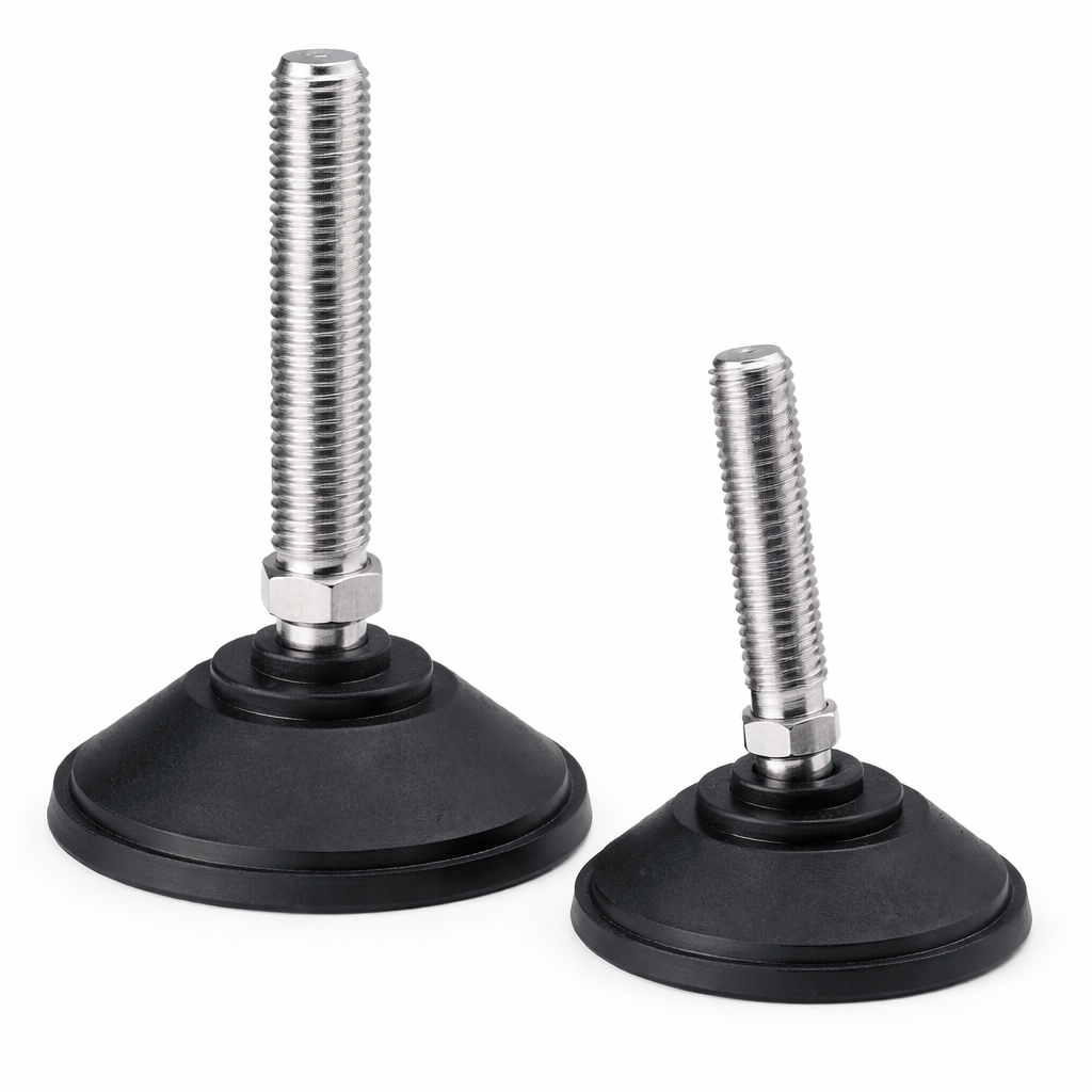 Heavy duty tilting adjustable foot with stainless steel stem and nylon base for industrial use