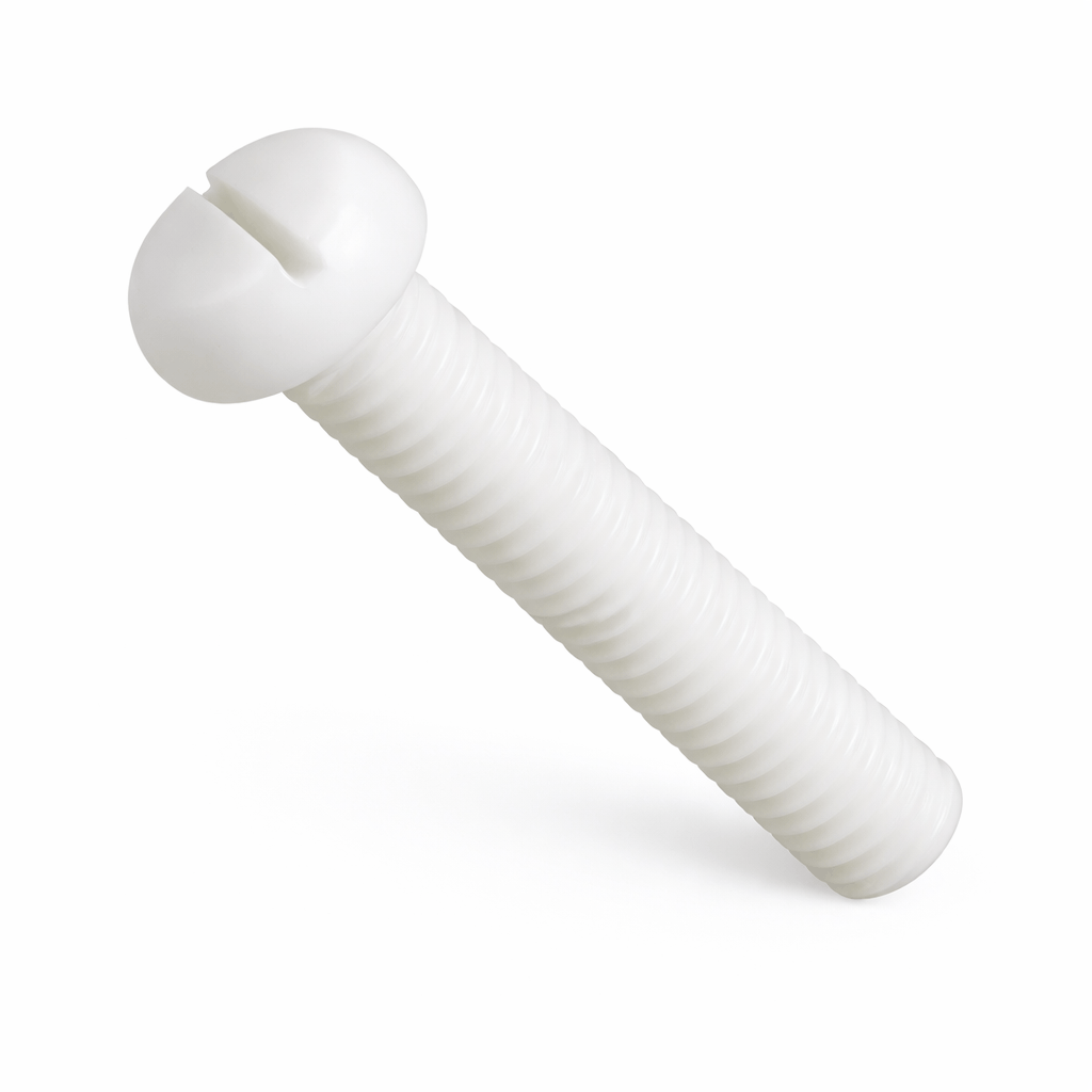 Black nylon slotted pan head machine screws in various metric sizes and lengths
