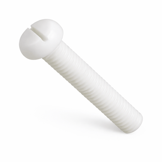Black nylon slotted pan head machine screws in various metric sizes and lengths
