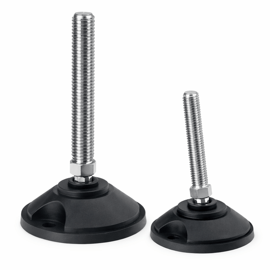Heavy duty adjustable foot with zinc plated steel stem and nylon base for industrial stability and floor protection