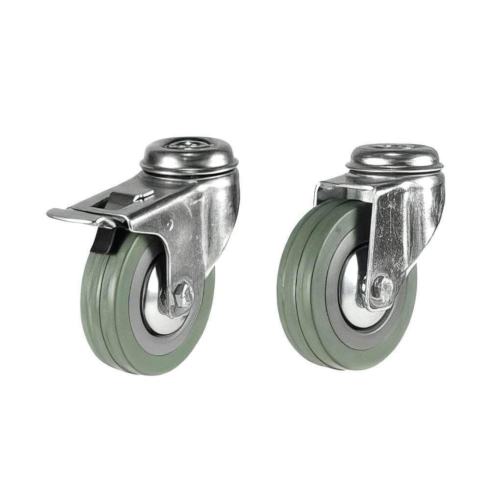 Light duty grey non-marking rubber bolt hole castors with zinc-plated steel, single hole fixing, and smooth rolling wheels for light duty applications