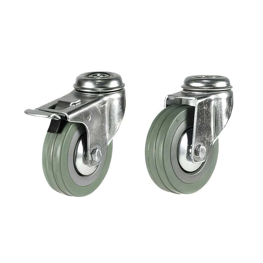 Light duty grey non-marking rubber bolt hole castors with zinc-plated steel, single hole fixing, and smooth rolling wheels for light duty applications