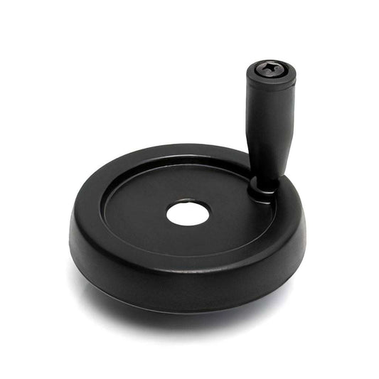 Thermoplastic solid control handwheel with revolving handle and zinc plated steel insert for industrial machinery