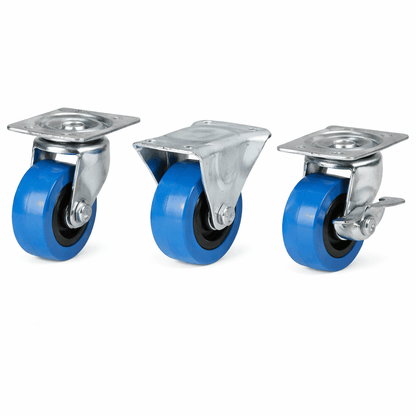 Light duty plate mounted castors with elasticated PVC wheels for smooth, quiet indoor rolling and floor protection