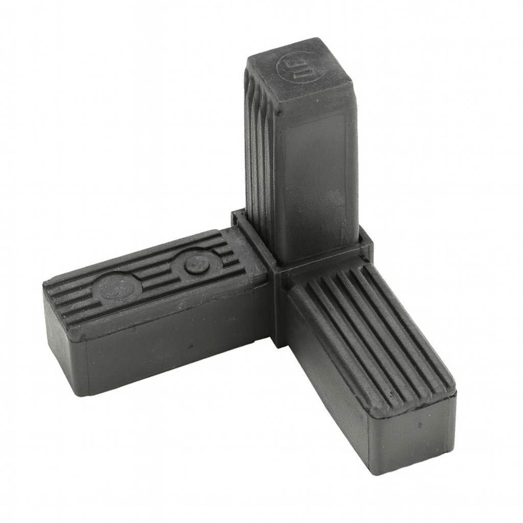 Plastic Square 3 Way Corner Tube Connectors joining three square tubes at right angles for sturdy frame construction