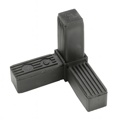 Plastic Square 3 Way Corner Tube Connectors joining three square tubes at right angles for sturdy frame construction
