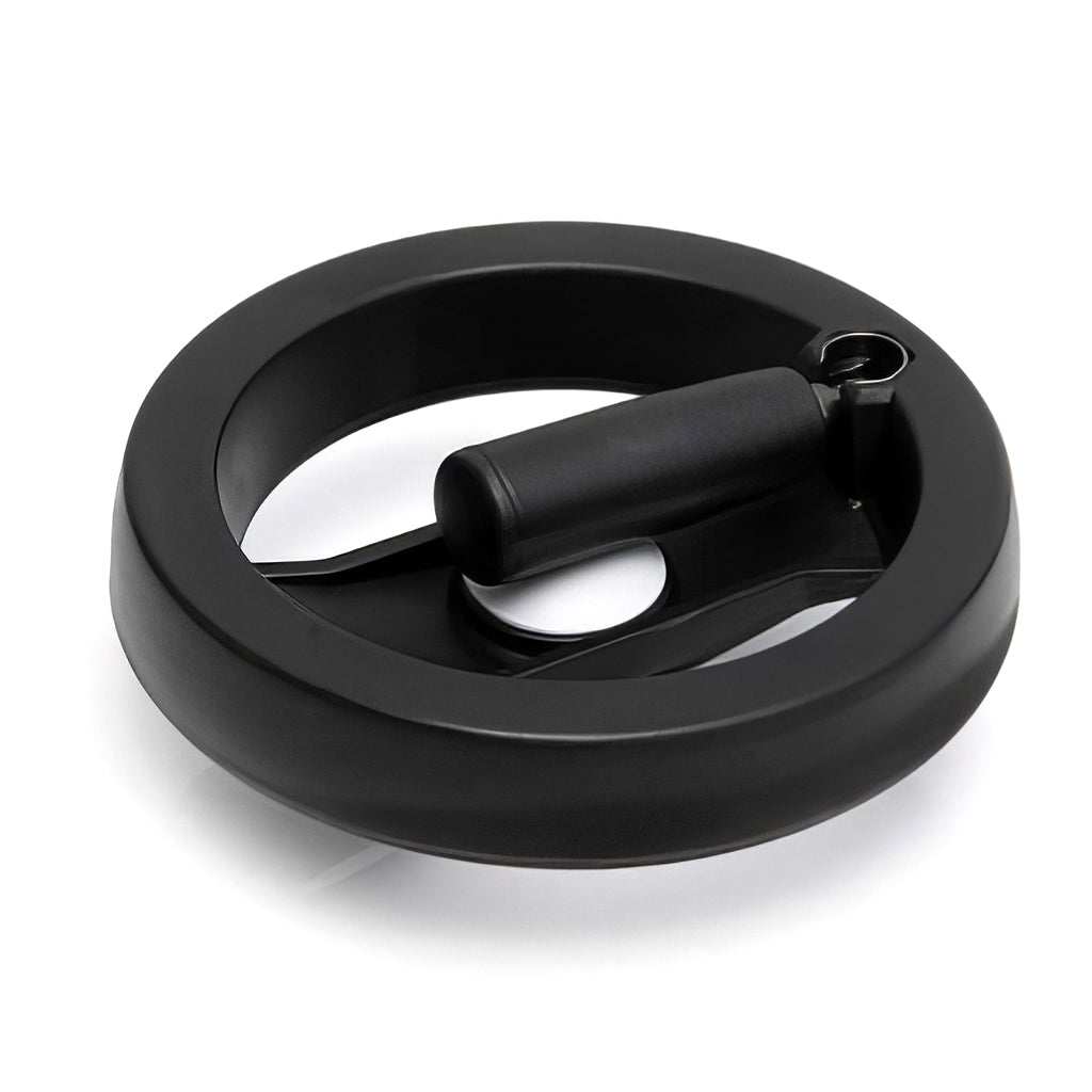 Spoked control handwheel with ergonomic profile and flush folding handle for safety and space efficiency
