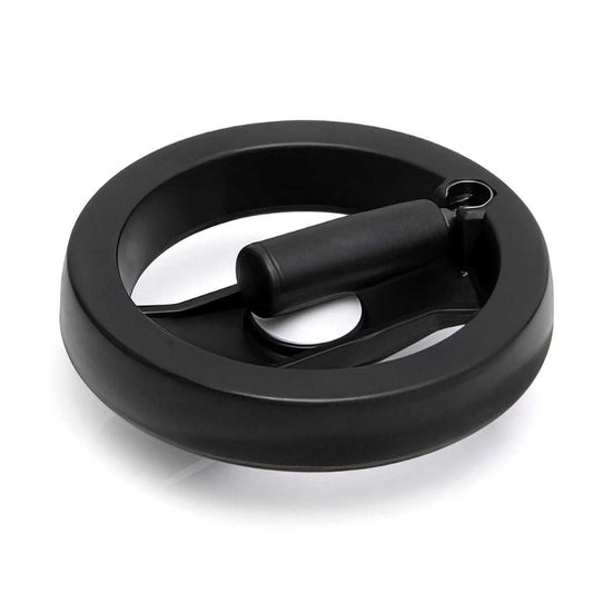 Spoked control handwheel with ergonomic profile and flush folding handle for safety and space efficiency