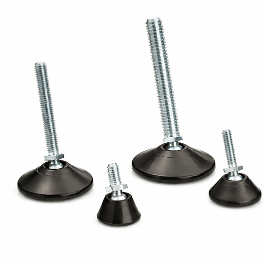 Light duty tilting adjustable foot with black polyethylene base and steel stud for uneven floors