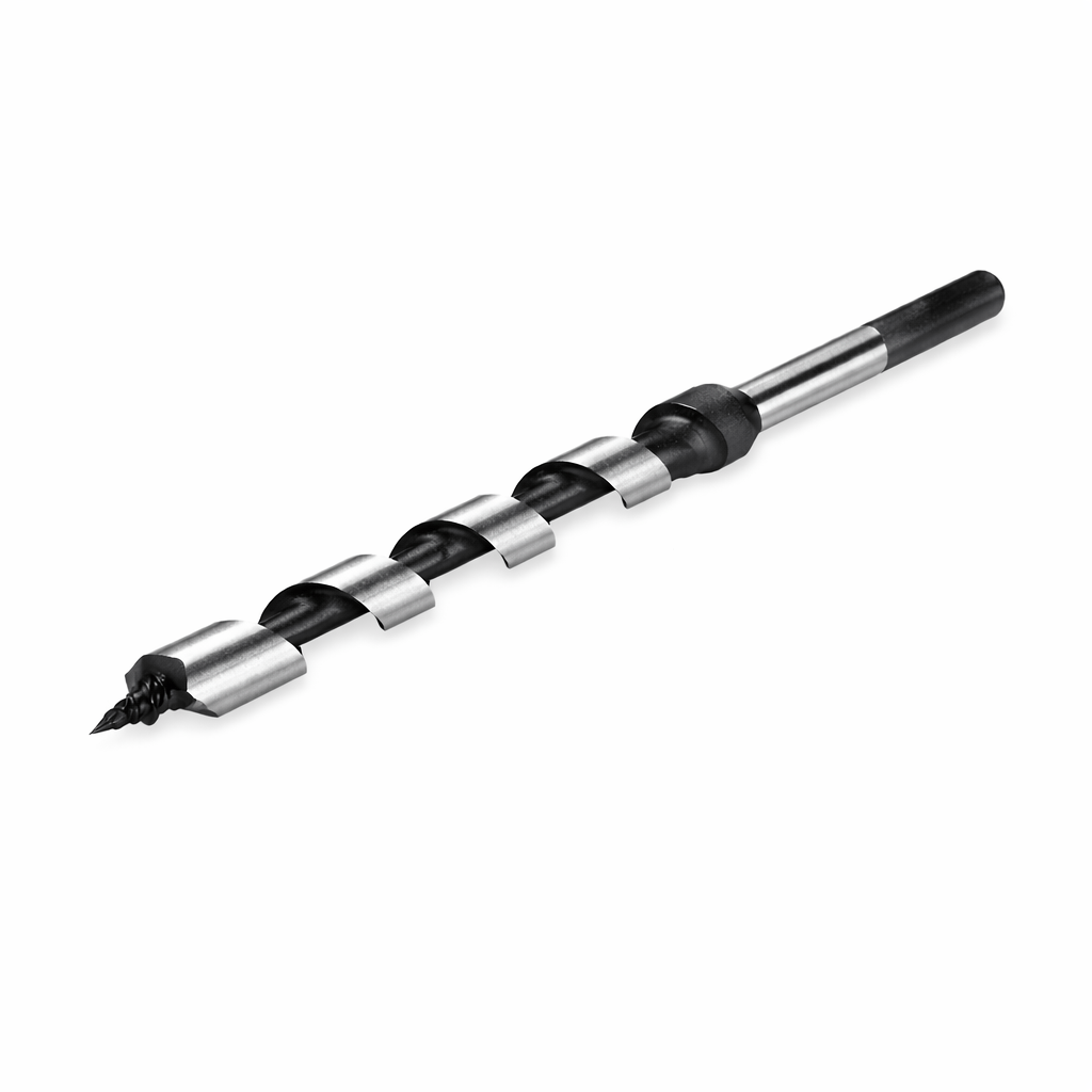 Close-up of heavy-duty auger drill bits with hex shank for precise wood and timber drilling