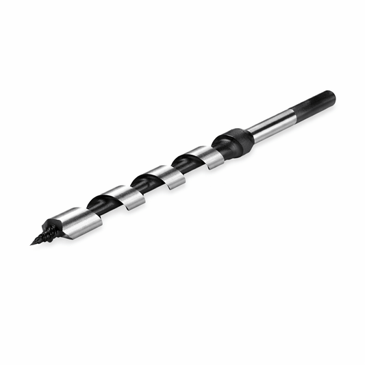 Close-up of heavy-duty auger drill bits with hex shank for precise wood and timber drilling