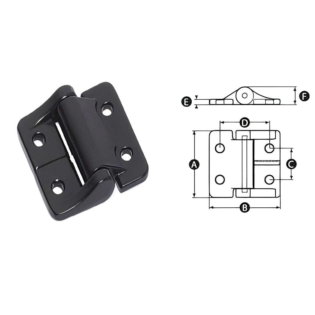 Die cast black constant friction hinge with durable aluminum leaves and stainless steel pin for cabinet doors