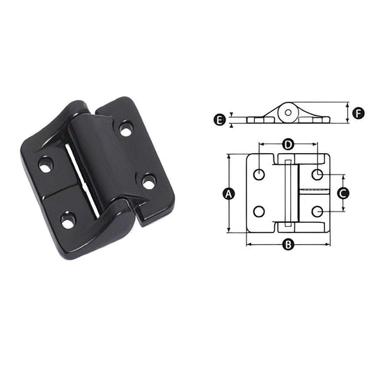 Die cast black constant friction hinge with durable aluminum leaves and stainless steel pin for cabinet doors